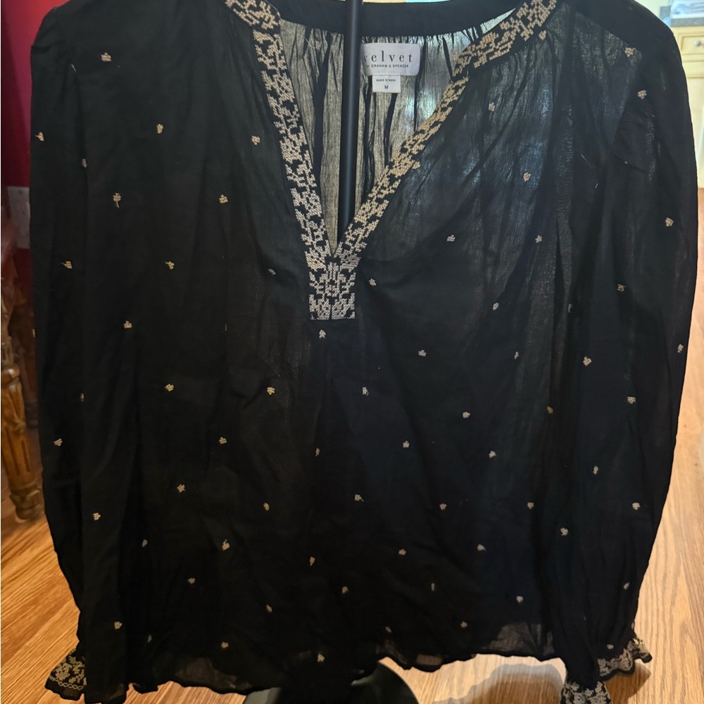 Velvet Black Tunic Top with Cream Embroidery